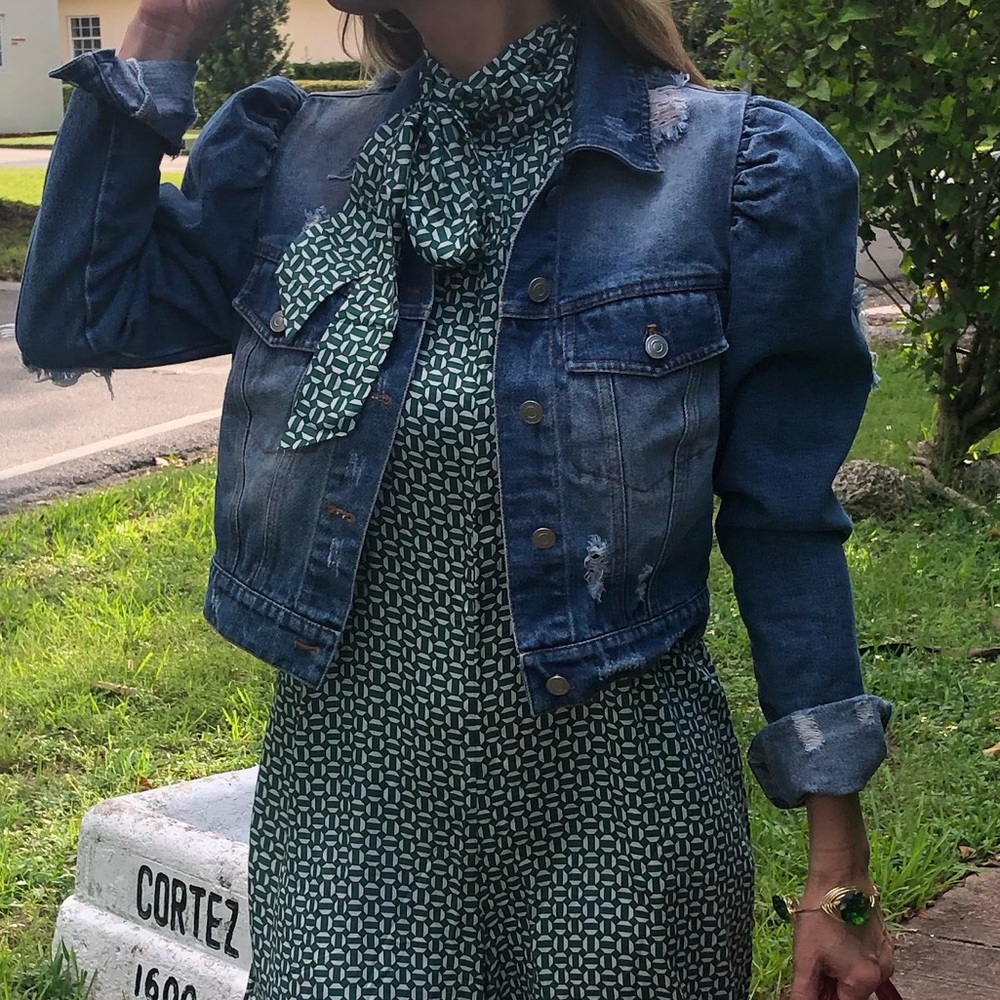 Puff Sleeve Destroyed Denim Jacket NWT